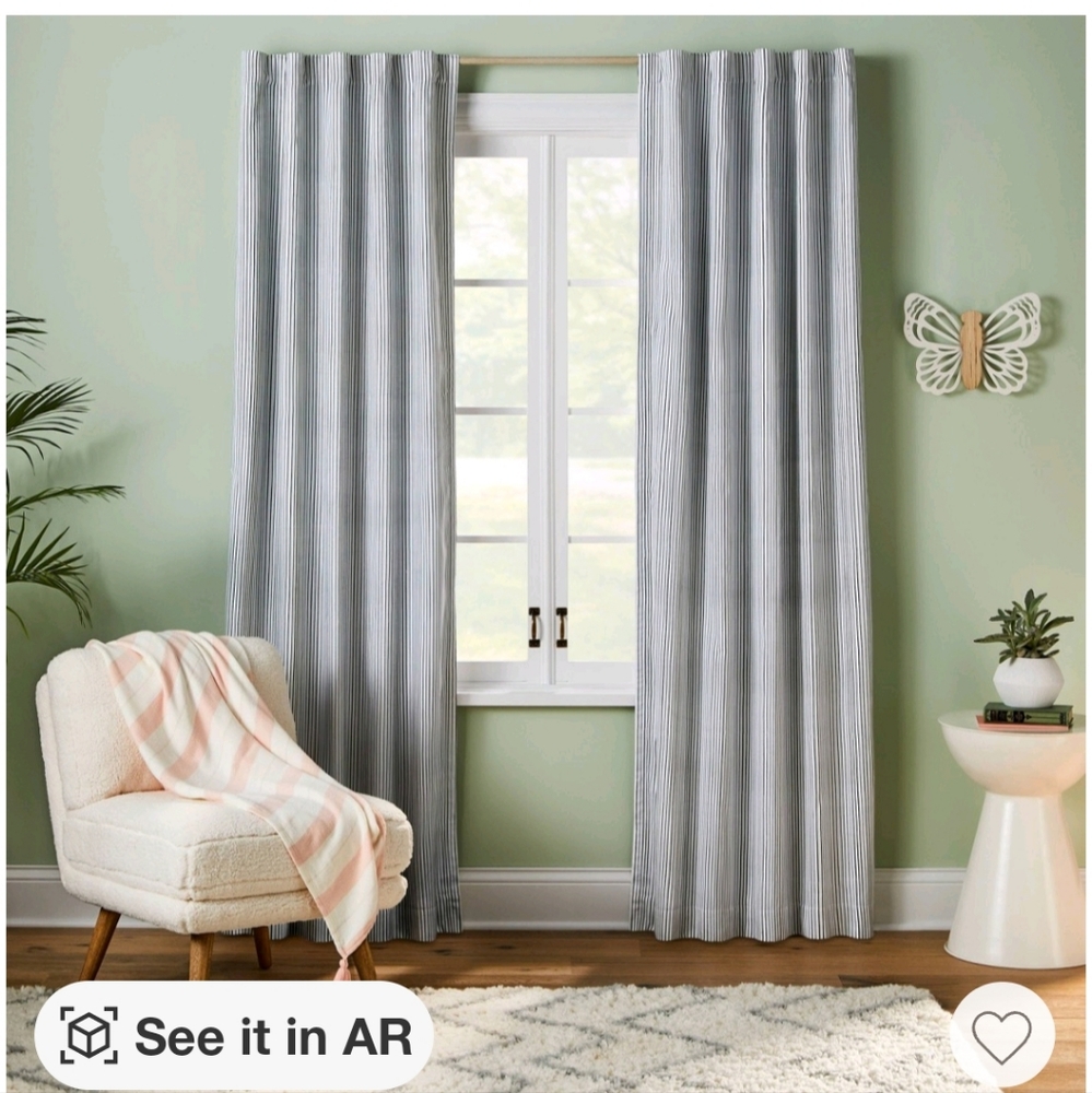 Two Pillowfort 42 x 84 blackout striped kids curtain panel black ebony White